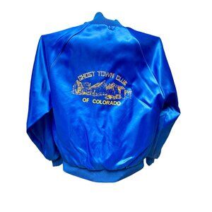 VTG 80s/90s Members Only Blue Satin Bomber Jacket Colorado Ghost Town Club Sz. L